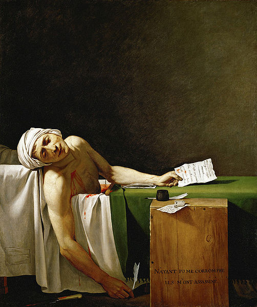 Marat assassin� - Source : by Gioacchino Giuseppe Serangeli (1768-1852) after Jacques-Louis David. [Public domain], via Wikimedia Commons