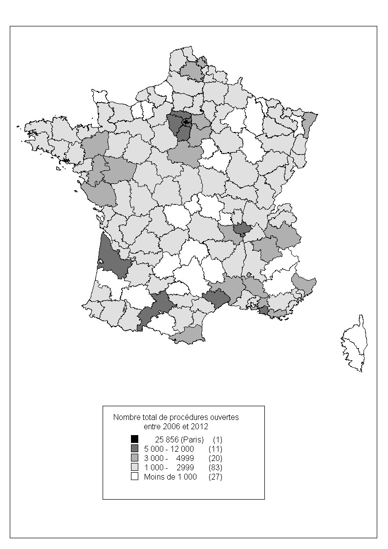 Carte de France sur les procedures collectives