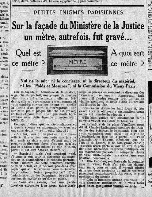 "Petites énigmes parisiennes", article paru dans L'intransigeant, 27 novembre1924, n°16185, p.1. En 1924, on a oublié l'origine du mètre